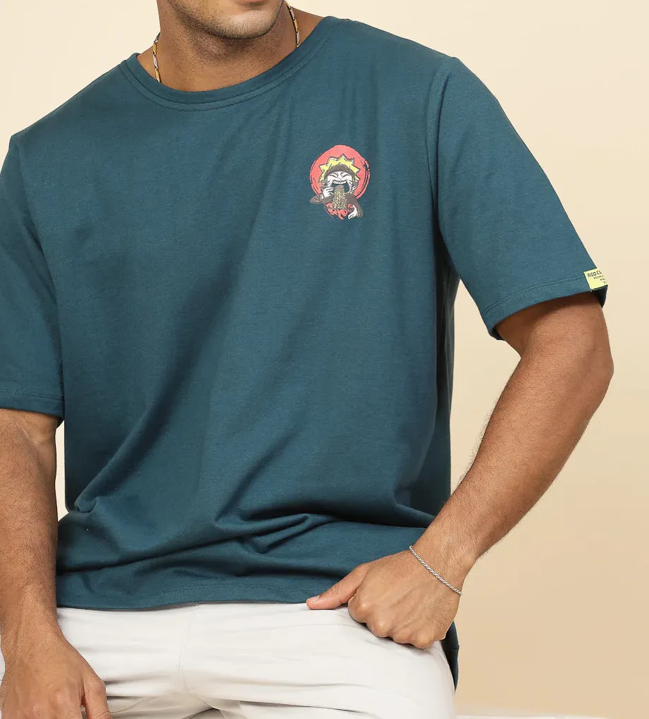 Anime Ramen Print Oversized Olive Green T-Shirt