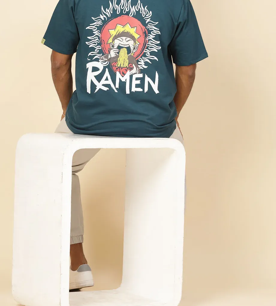 Anime Ramen Print Oversized Olive Green T-Shirt