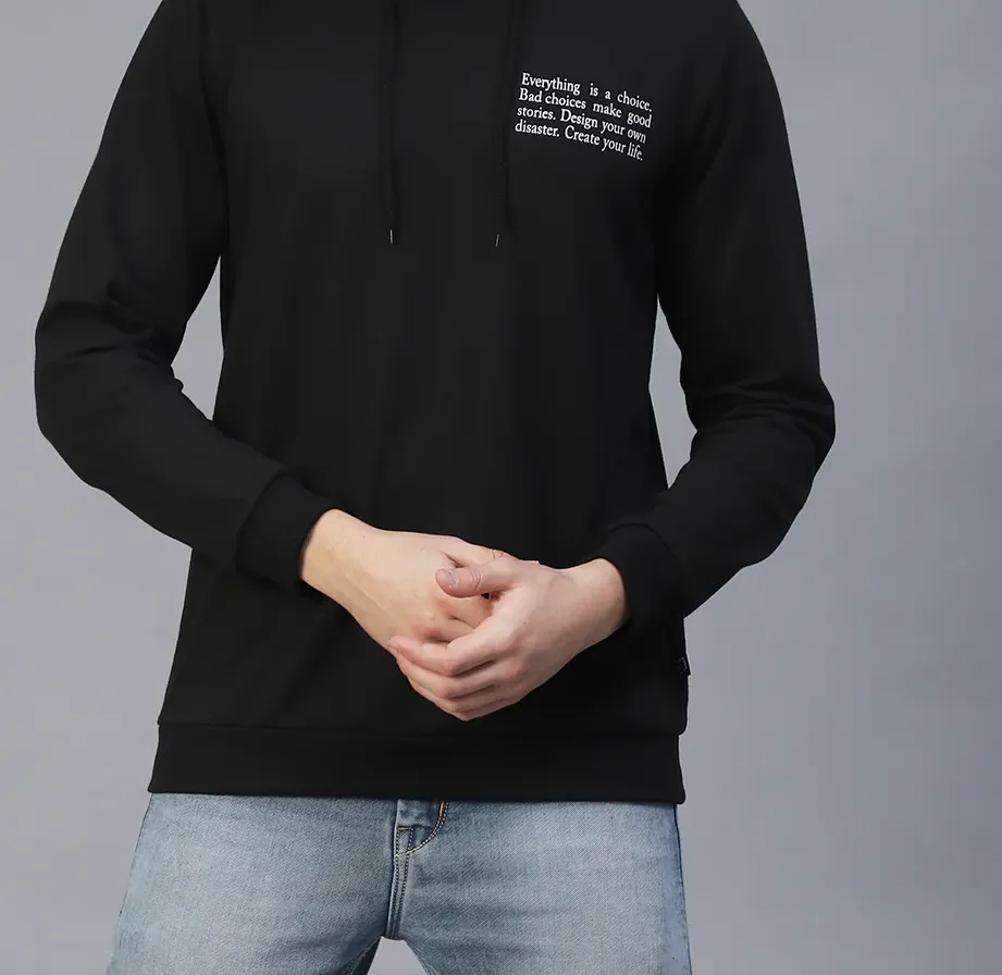 Black Text Print Hooded Sweatshirt