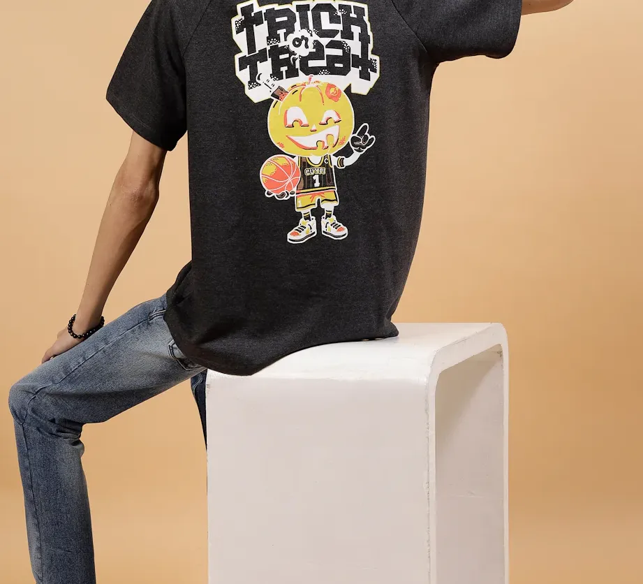 Bold Typography on Terry Raglan Sleeves Charcoal Tees