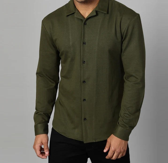 Classic Cuban Collar Terry Olive Green Shirt