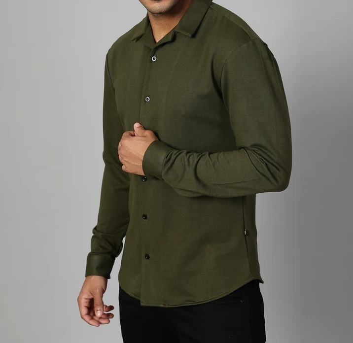 Classic Cuban Collar Terry Olive Green Shirt