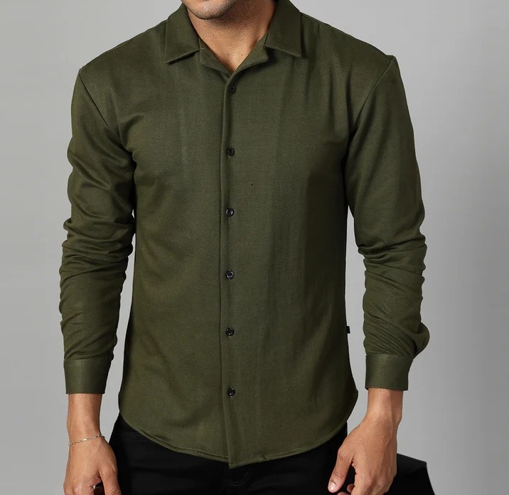 Classic Cuban Collar Terry Olive Green Shirt