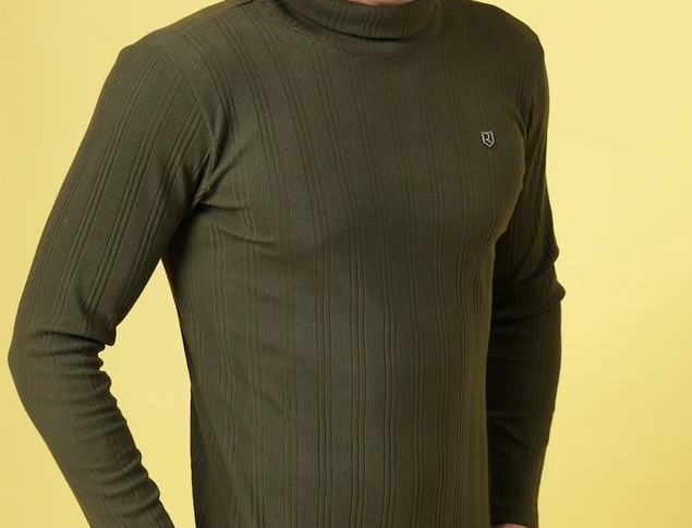 Classic Ribbed Turtleneck Olive Green T-Shirt