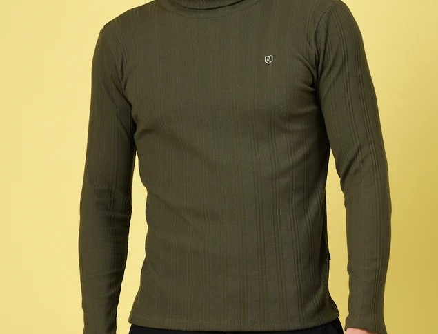 Classic Ribbed Turtleneck Olive Green T-Shirt
