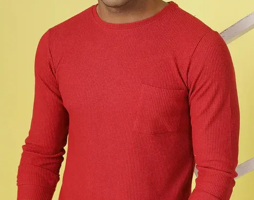 Classic Waffle Knit Round Neck Dark Maroon T-shirt