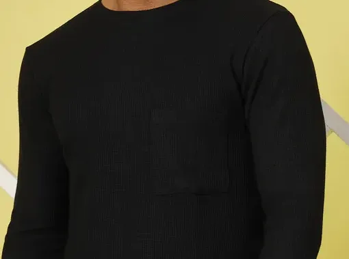 Classic Waffle Knit Round Neck Jet Black T-shirt