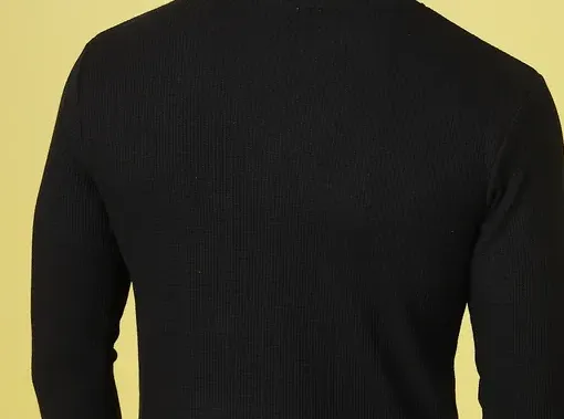 Classic Waffle Knit Round Neck Jet Black T-shirt
