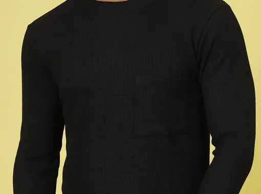 Classic Waffle Knit Round Neck Jet Black T-shirt