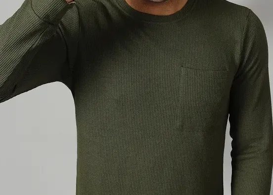 Classic Waffle Knit Round Neck Olive Green T-shirt