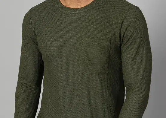 Classic Waffle Knit Round Neck Olive Green T-shirt