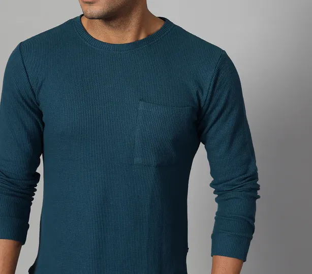 Classic Waffle Knit Round Neck Teal Green T-shirt