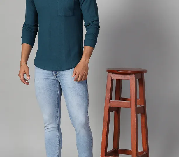 Classic Waffle Knit Round Neck Teal Green T-shirt