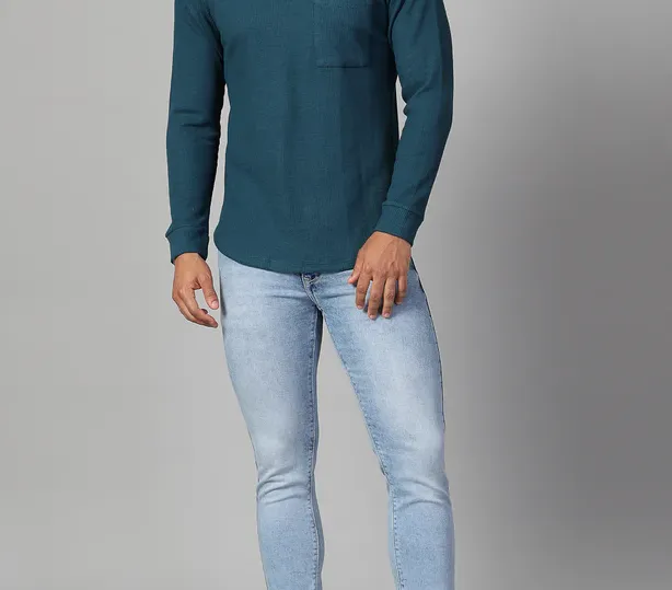 Classic Waffle Knit Round Neck Teal Green T-shirt