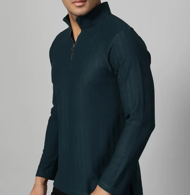Herringbone High Neck Zipper Olive green T-Shirt