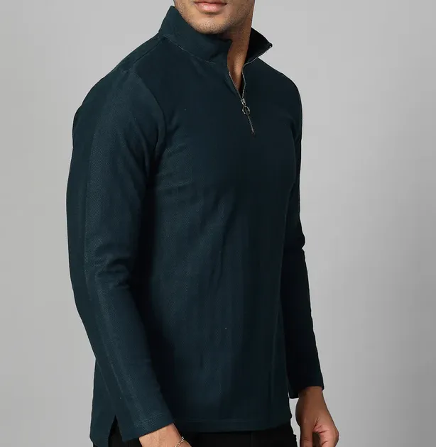 Herringbone High Neck Zipper Olive green T-Shirt