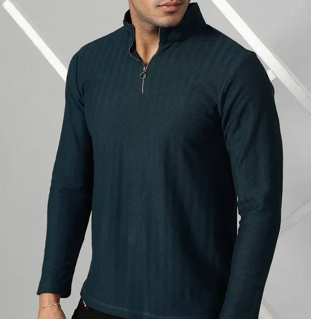 Herringbone High Neck Zipper Olive green T-Shirt