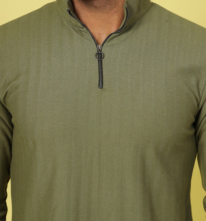 Herringbone High Neck Zipper T-Shirt