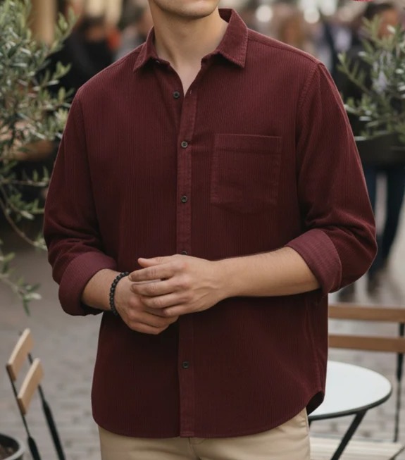 Maroon Oversized Cut Away Collar Corduroy Shirt