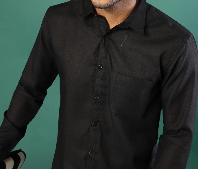 Men's Cotton Linen Cutaway Collar Black Shirt