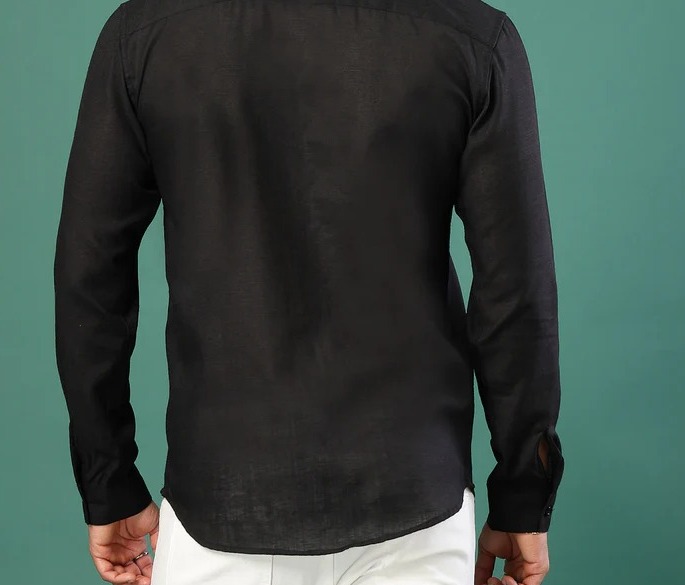 Men's Cotton Linen Cutaway Collar Black Shirt