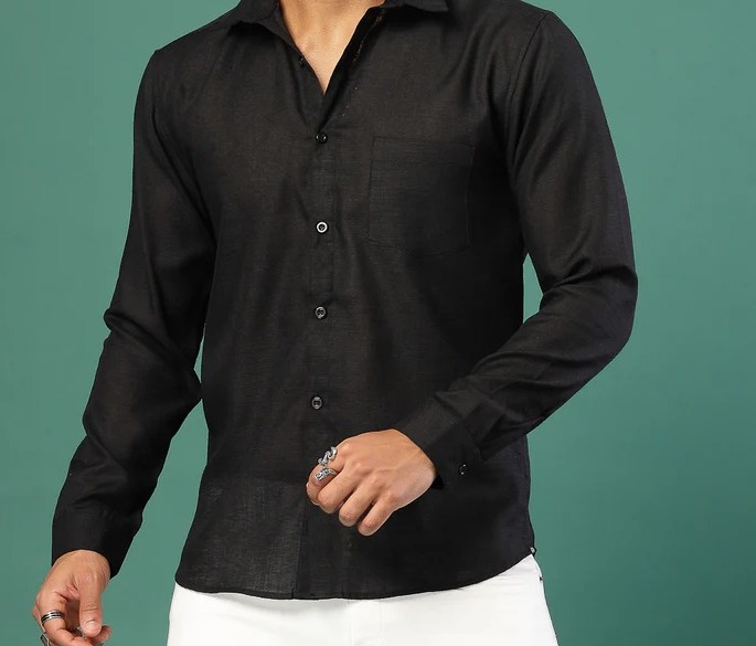 Men's Cotton Linen Cutaway Collar Black Shirt