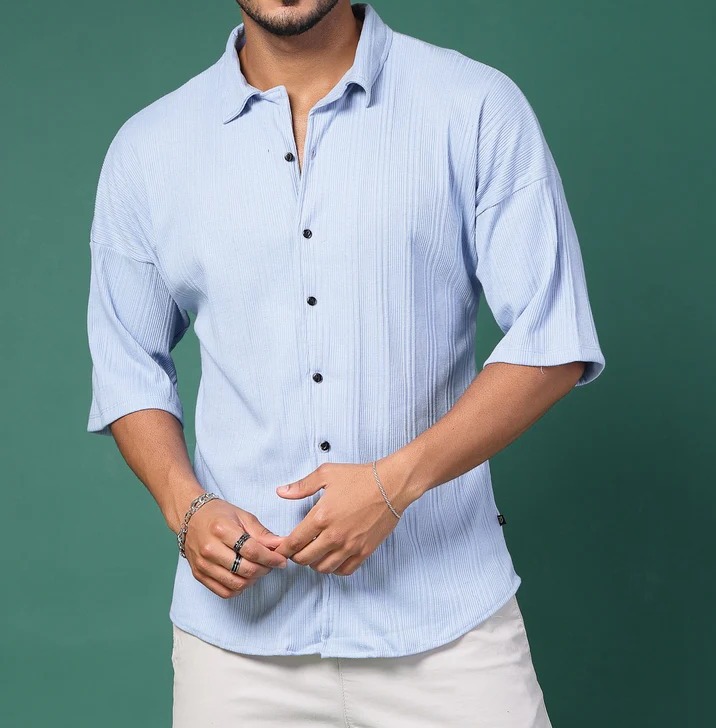 Men's Olive Ribbed Oversized Cuban Collar Light Blue Shirt