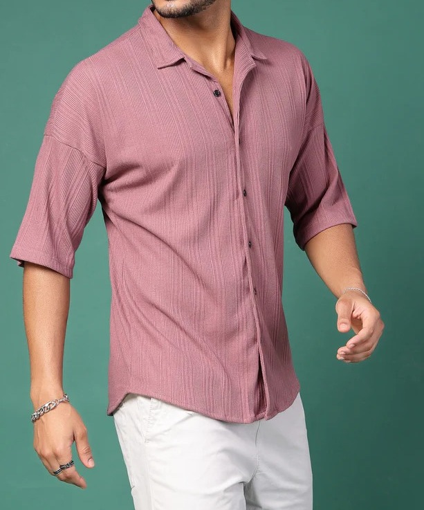 Men's Olive Ribbed Oversized Cuban Collar Mauve Shirt