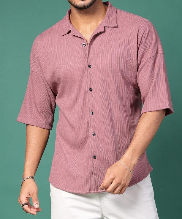 Men's Olive Ribbed Oversized Cuban Collar Mauve Shirt