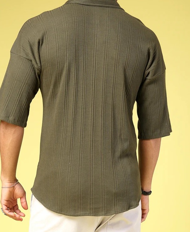 Men's Olive Ribbed Oversized Cuban Collar Olive Green Shirt
