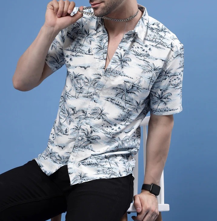 Mystic Leaf Rayon Shirt Blue