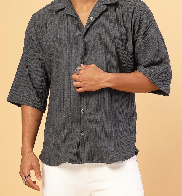 Oversized Cable Knit Cuban Collar Gray Shirt