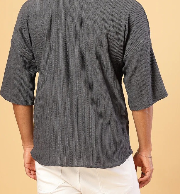 Oversized Cable Knit Cuban Collar Gray Shirt
