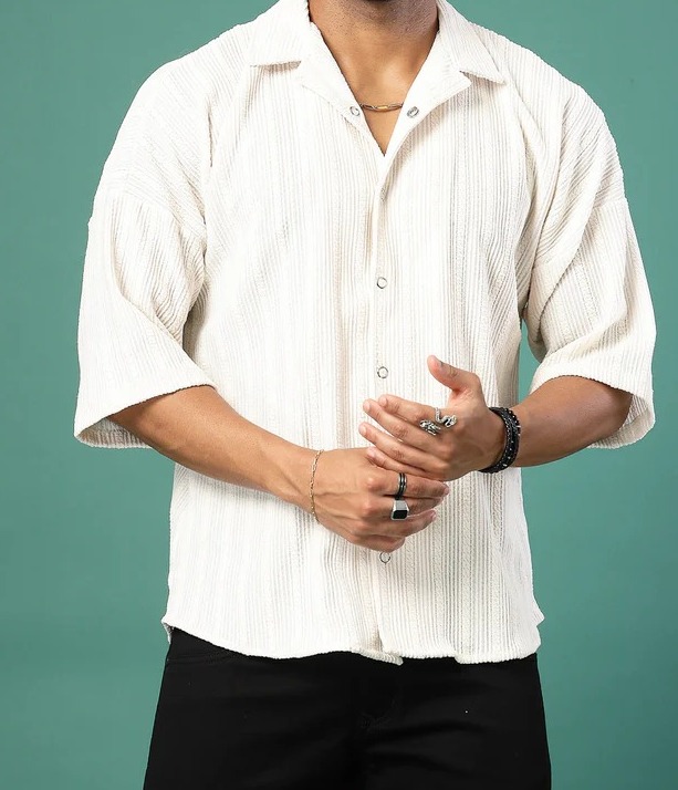 Oversized Cable Knit Cuban Collar Off White Shirt