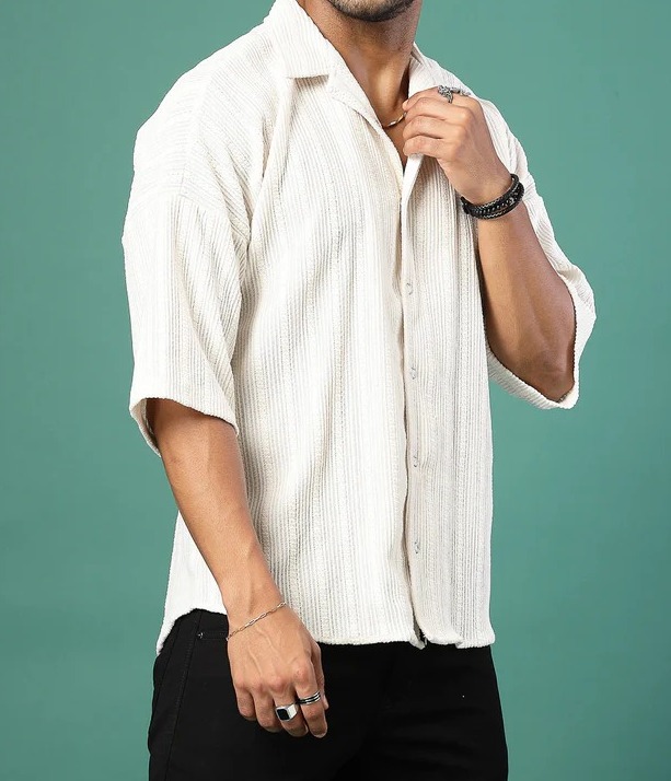 Oversized Cable Knit Cuban Collar Off White Shirt