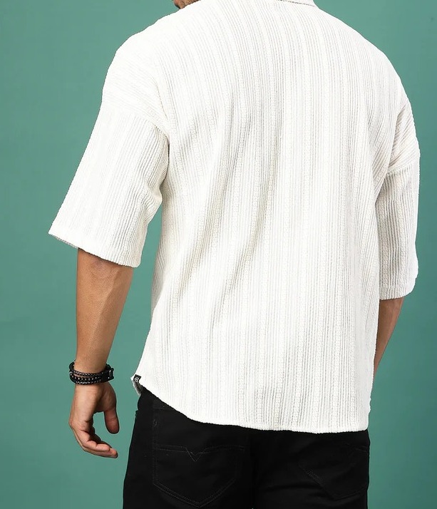 Oversized Cable Knit Cuban Collar Off White Shirt