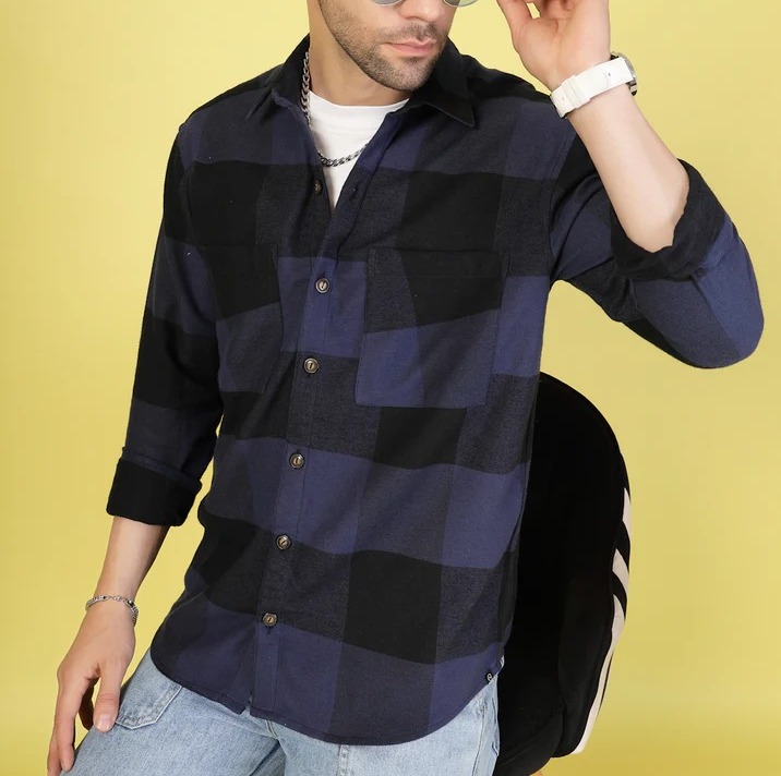 Oversized Checked Flannel Shacket Navy