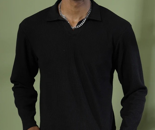 Oversized Waffle Cotton Polo Jet Black T-Shirt
