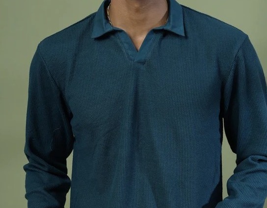 Oversized Waffle Cotton Polo Teal Green T-Shirt