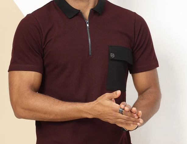 Patch Pocket Oversized Zip Polo Wine Tee
