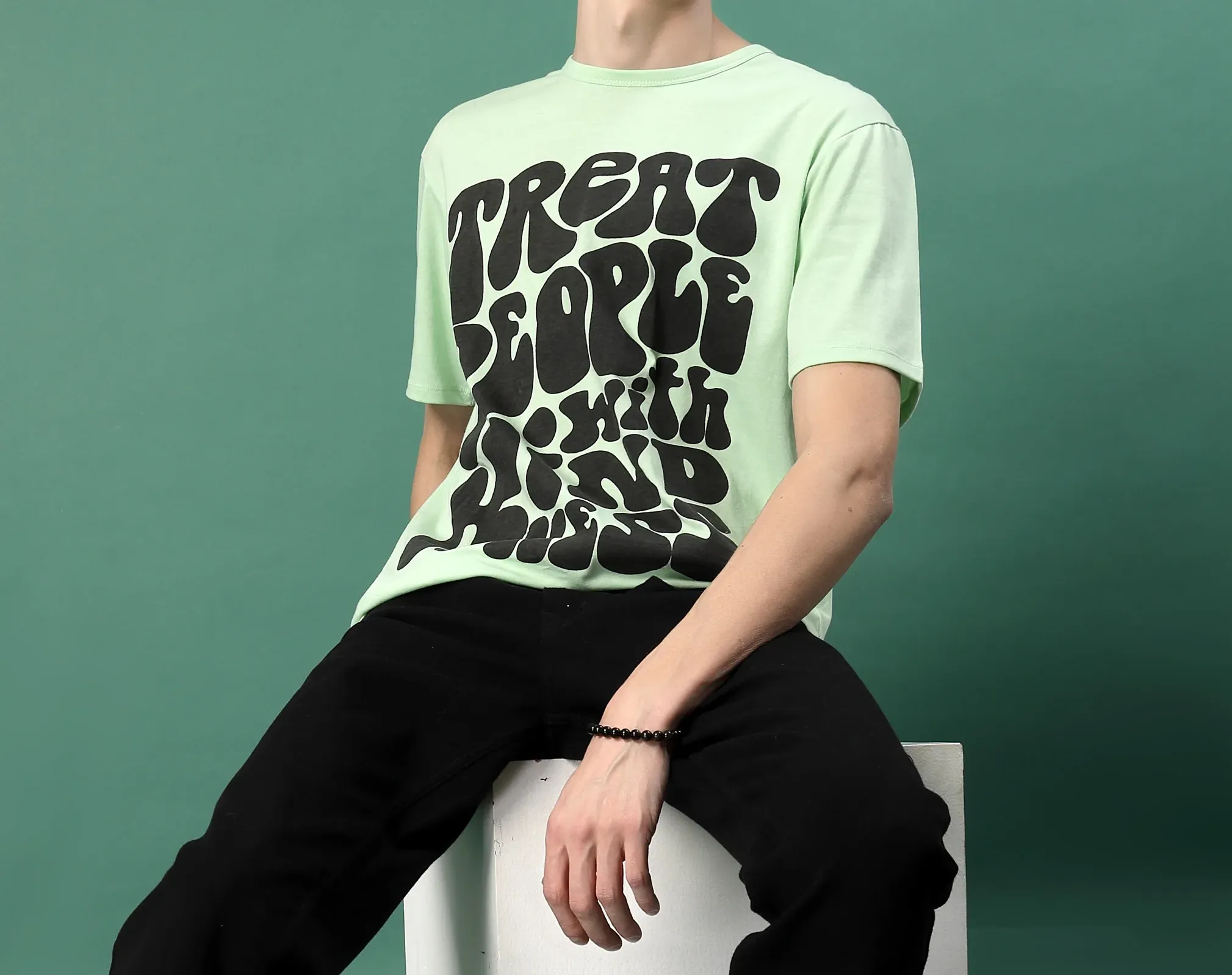 Pattern Printed Slim Fit Cotton Jersey Mint Green Tees