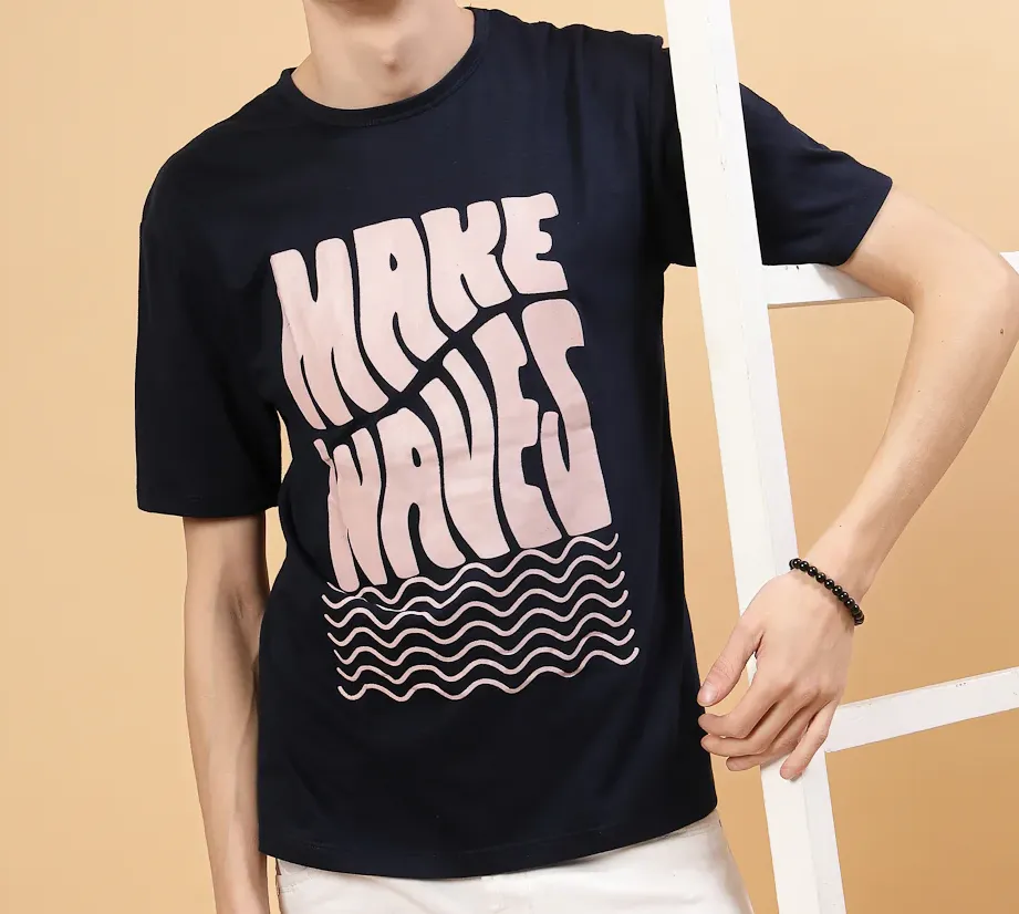 Pattern Printed Slim Fit Cotton Jersey Navy Blue Tees