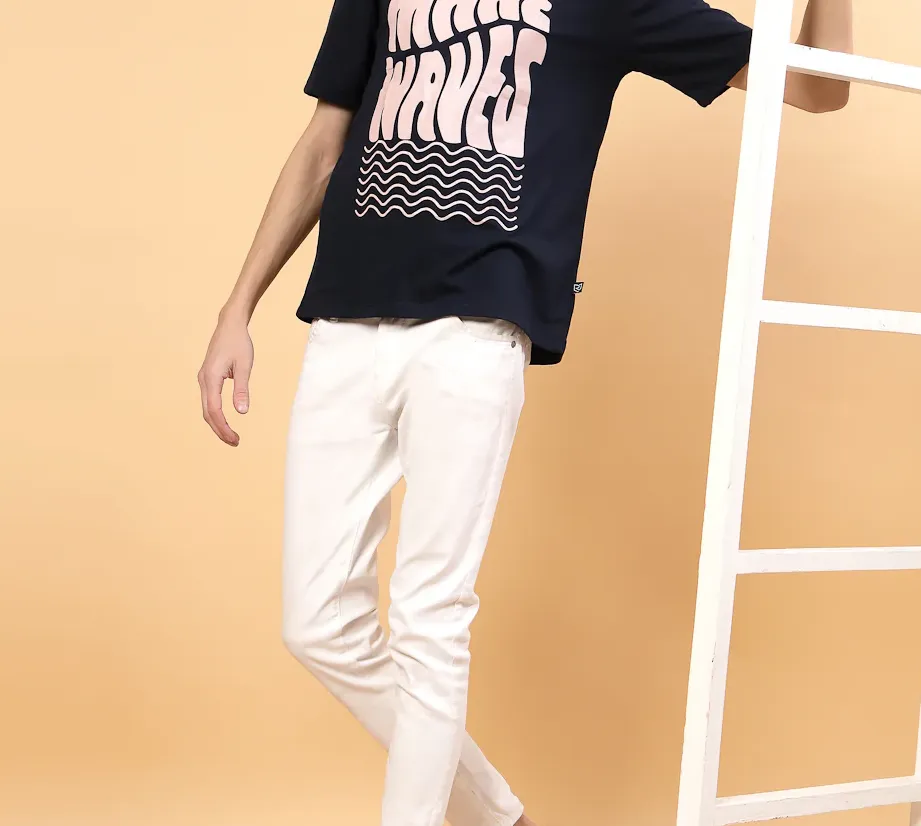 Pattern Printed Slim Fit Cotton Jersey Navy Blue Tees