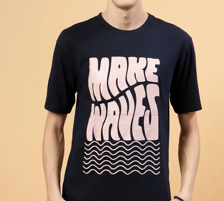 Pattern Printed Slim Fit Cotton Jersey Navy Blue Tees