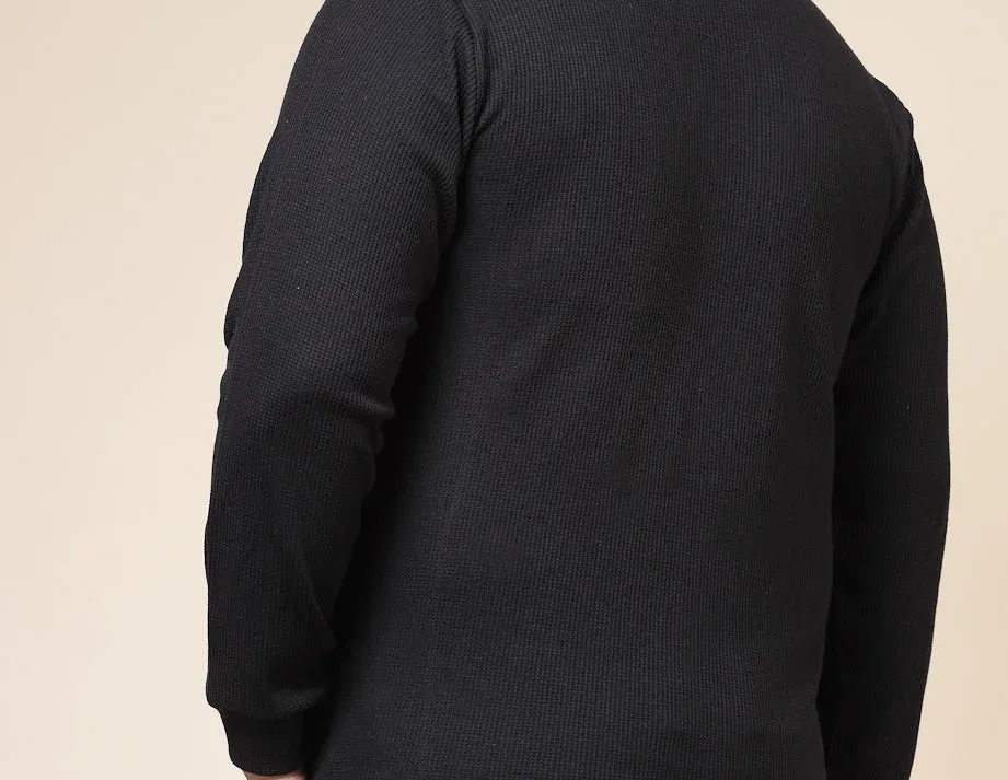 Pocketed Waffle Jet Black Tee with Curved Hem