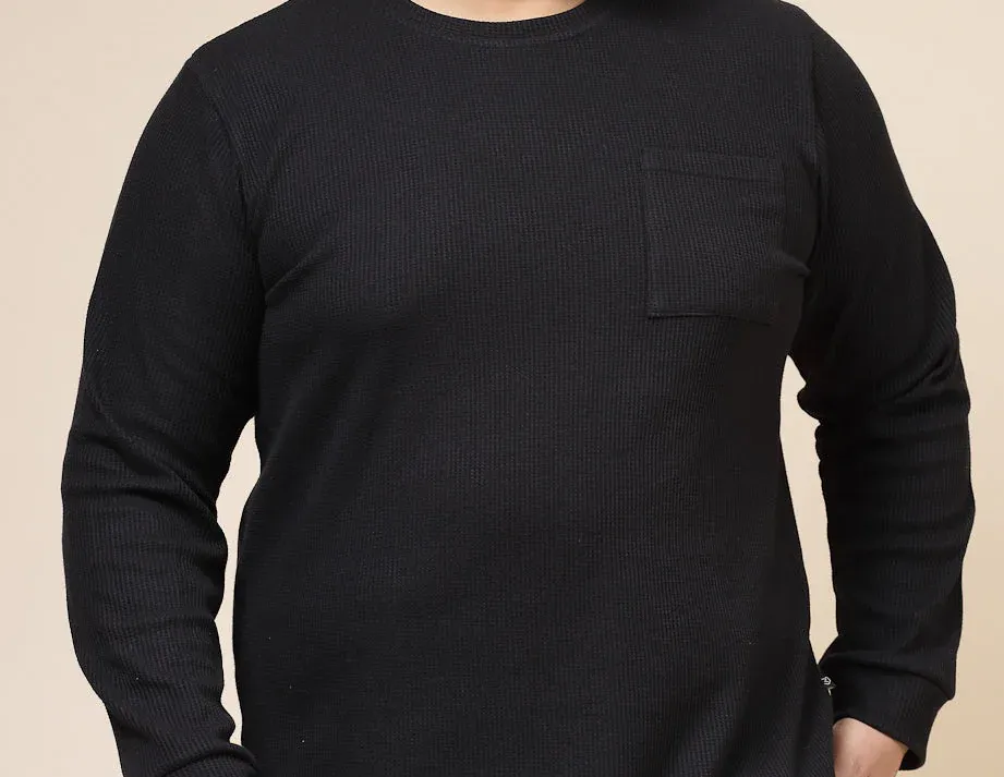 Pocketed Waffle Jet Black Tee with Curved Hem