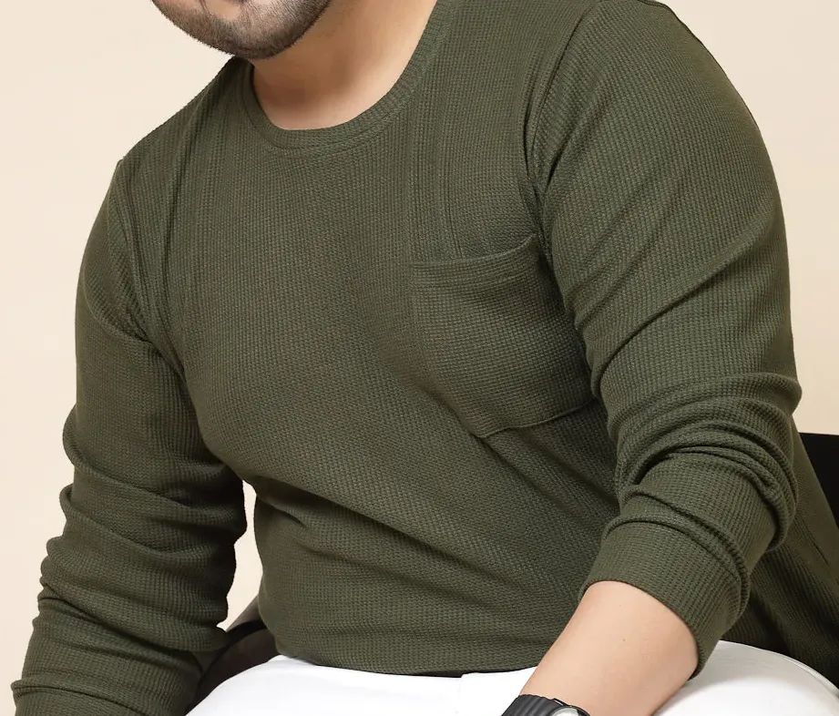 Pocketed Waffle  Olive Green Tee with Curved Hem