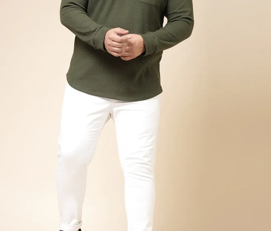 Pocketed Waffle  Olive Green Tee with Curved Hem