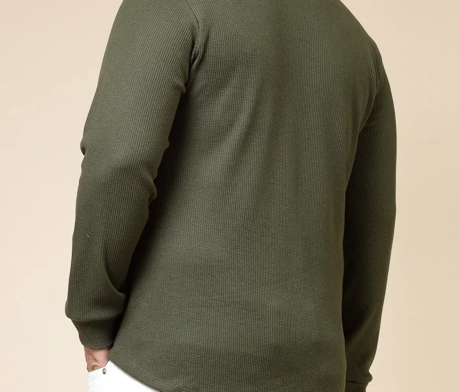 Pocketed Waffle  Olive Green Tee with Curved Hem