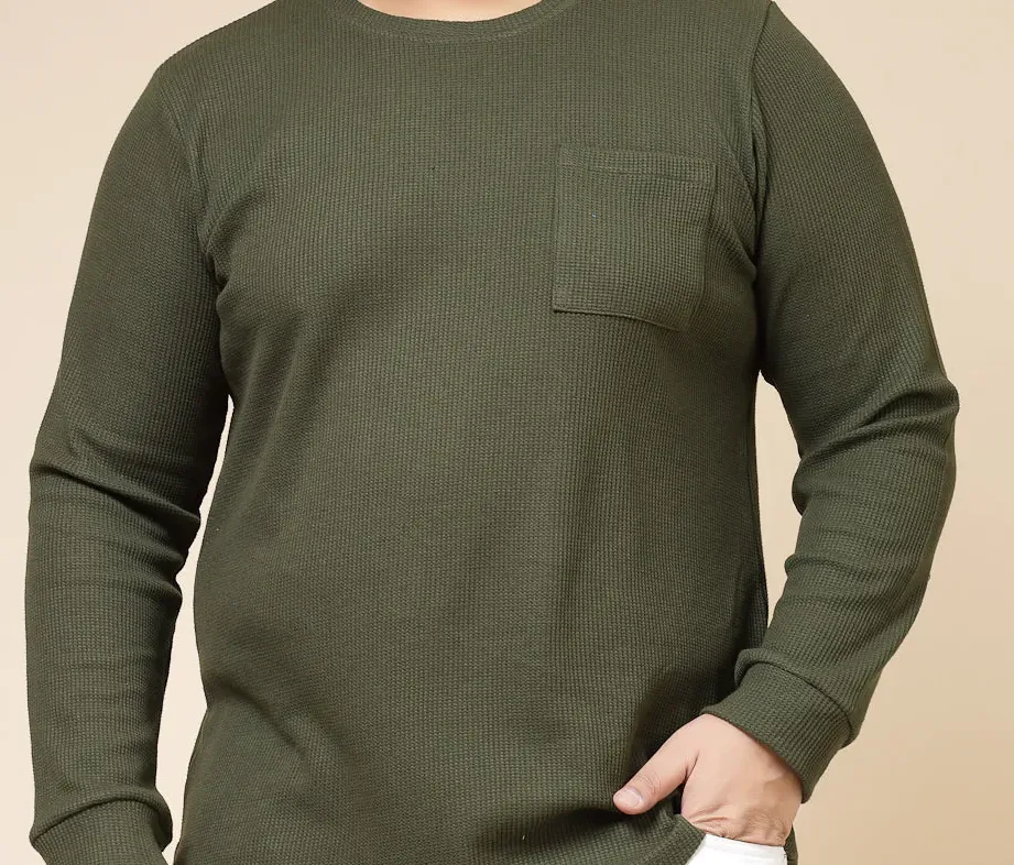 Pocketed Waffle  Olive Green Tee with Curved Hem